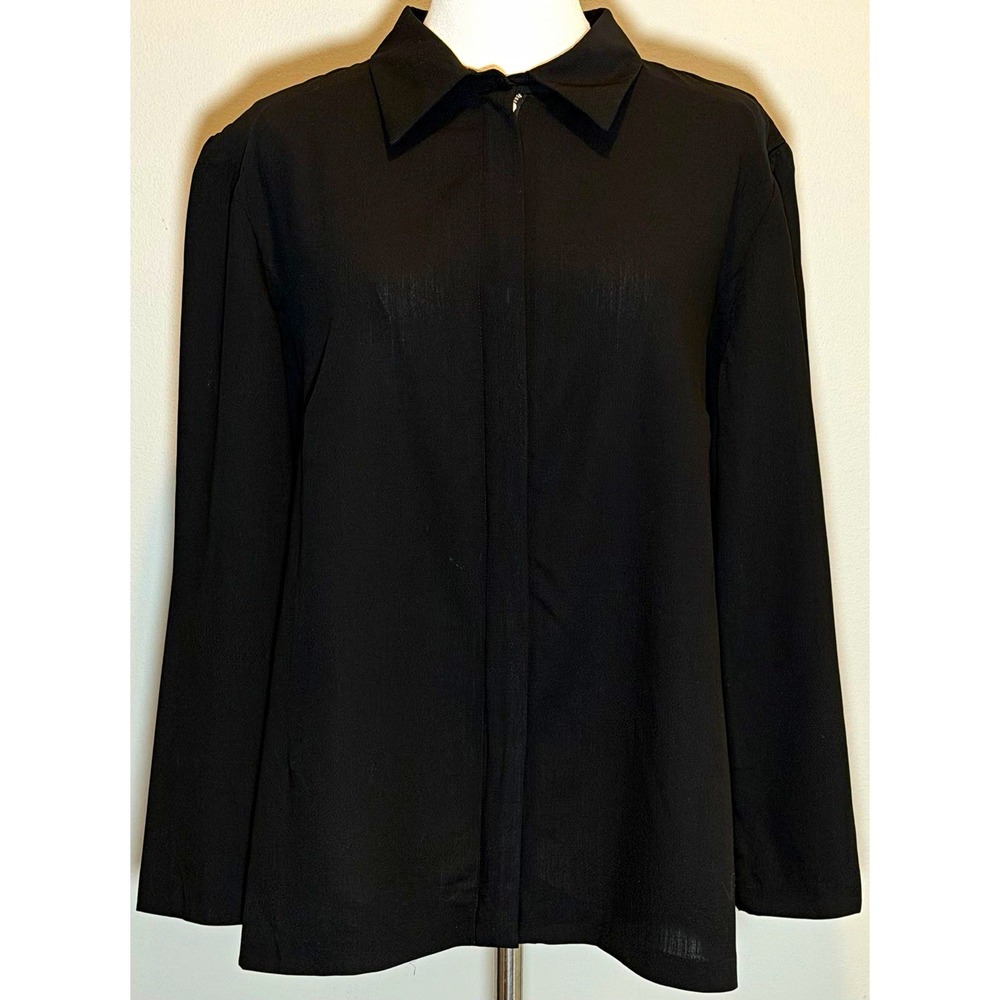 Banana Republic Black Wool Zip Front Collared L/S Blouse Women 14 Lightweight